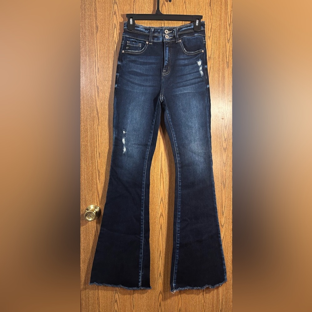 Kancan High Rise Raw Hemmed Flare Leg Distressed Denim Jeans - Picture 1 of 7